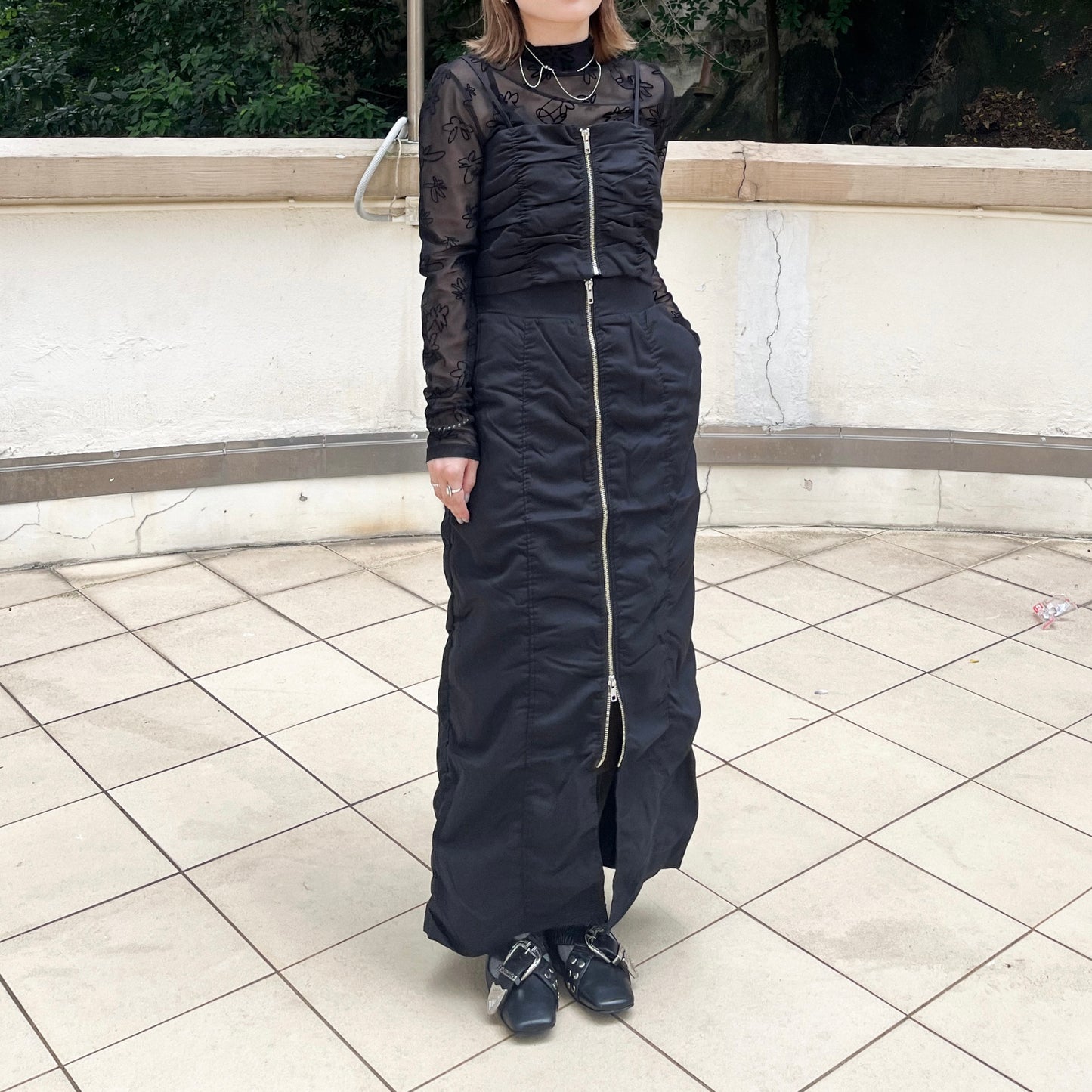 SK87- Shirring Zip line Skirt | Grey | Black