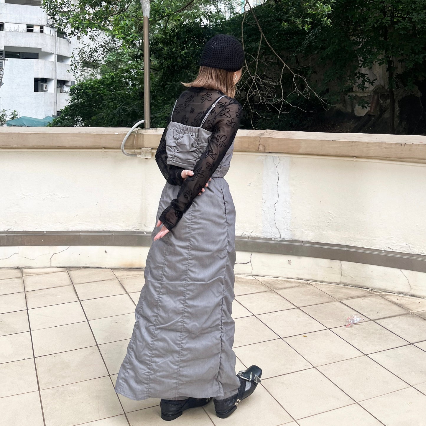 SK87- Shirring Zip line Skirt | Grey | Black