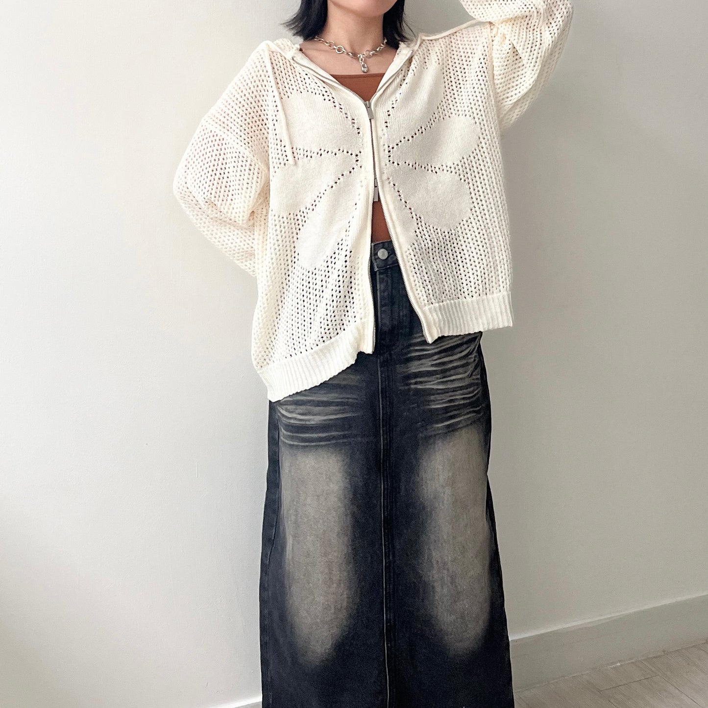 JK40- UNISEX Fafa Mesh Cardigan | Ivory | Sky Blue | Charcoal | Black