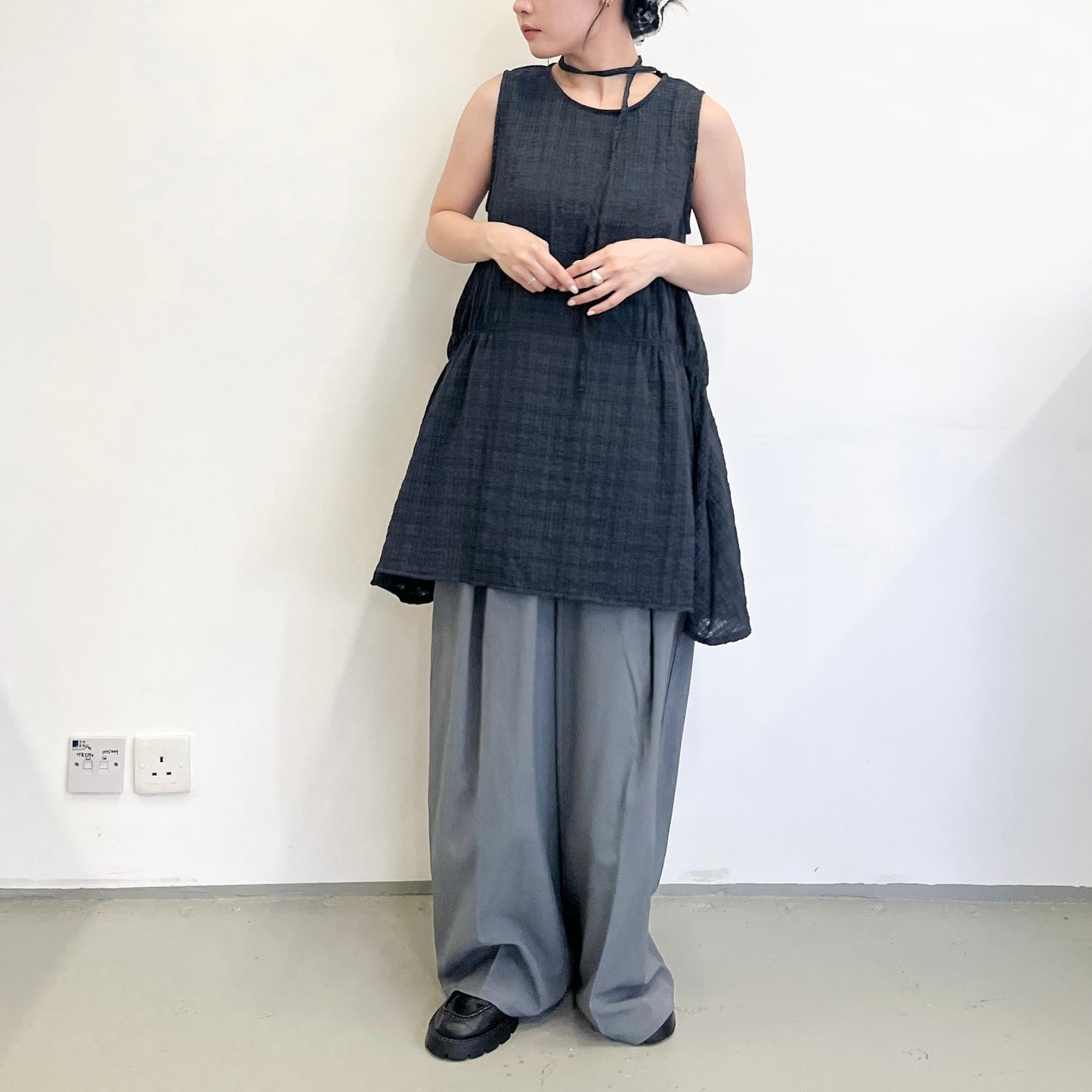 TP660- Back Ribbon Checked Vest Top | Grey | Navy
