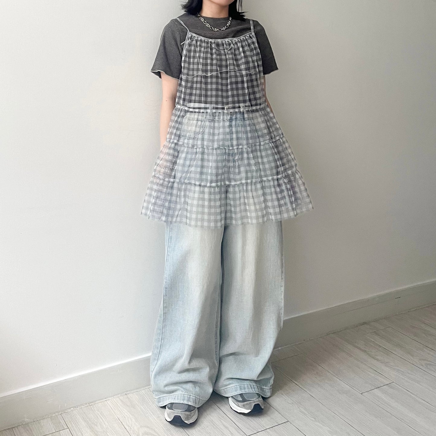 TP496- See-through Checked Top | Blue| Grey