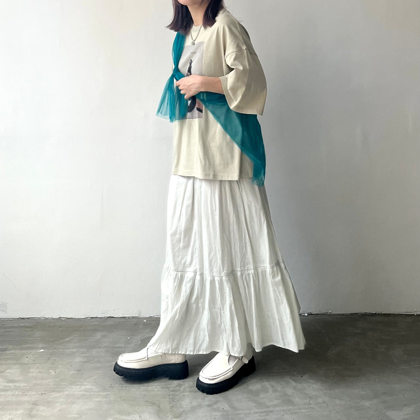 TP172- See through Long Tee | Ivory | Blue Green | Black