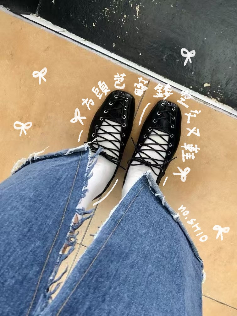 SH10- 方頭芭蕾鏤空交叉鞋 | Brown | Black
