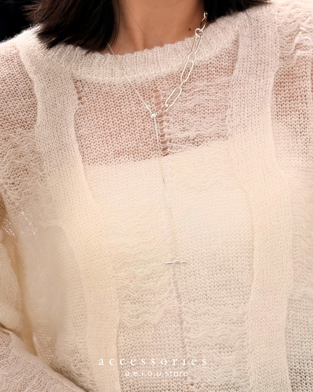 AC295- 鍍銀方環長頸鏈