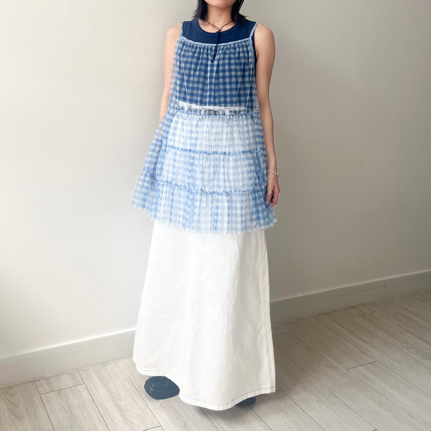 TP496- See-through Checked Top | Blue| Grey