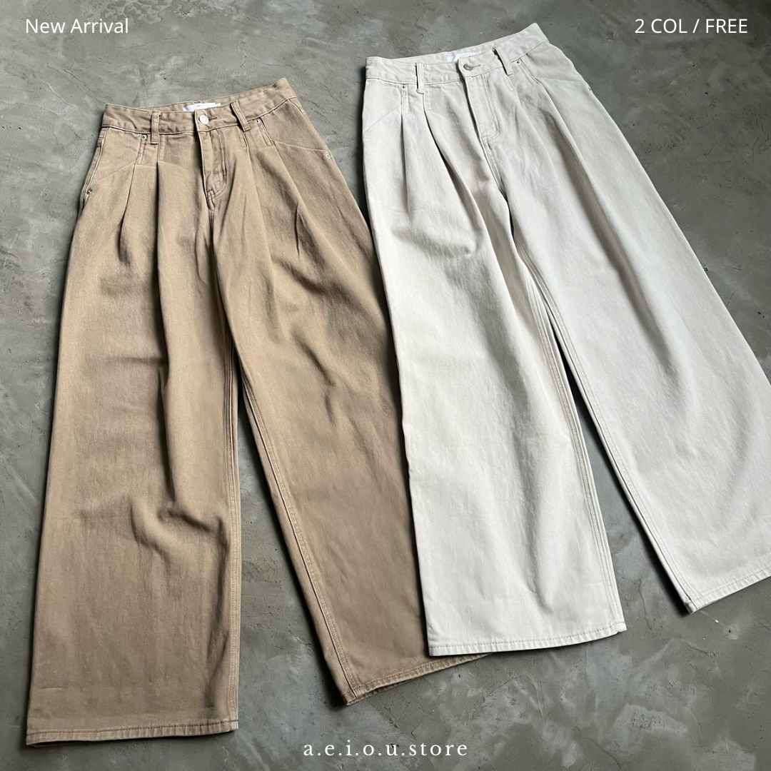 PT36- Pleated Wide leg Cotton Pants | Natural | Beige | Red Beans