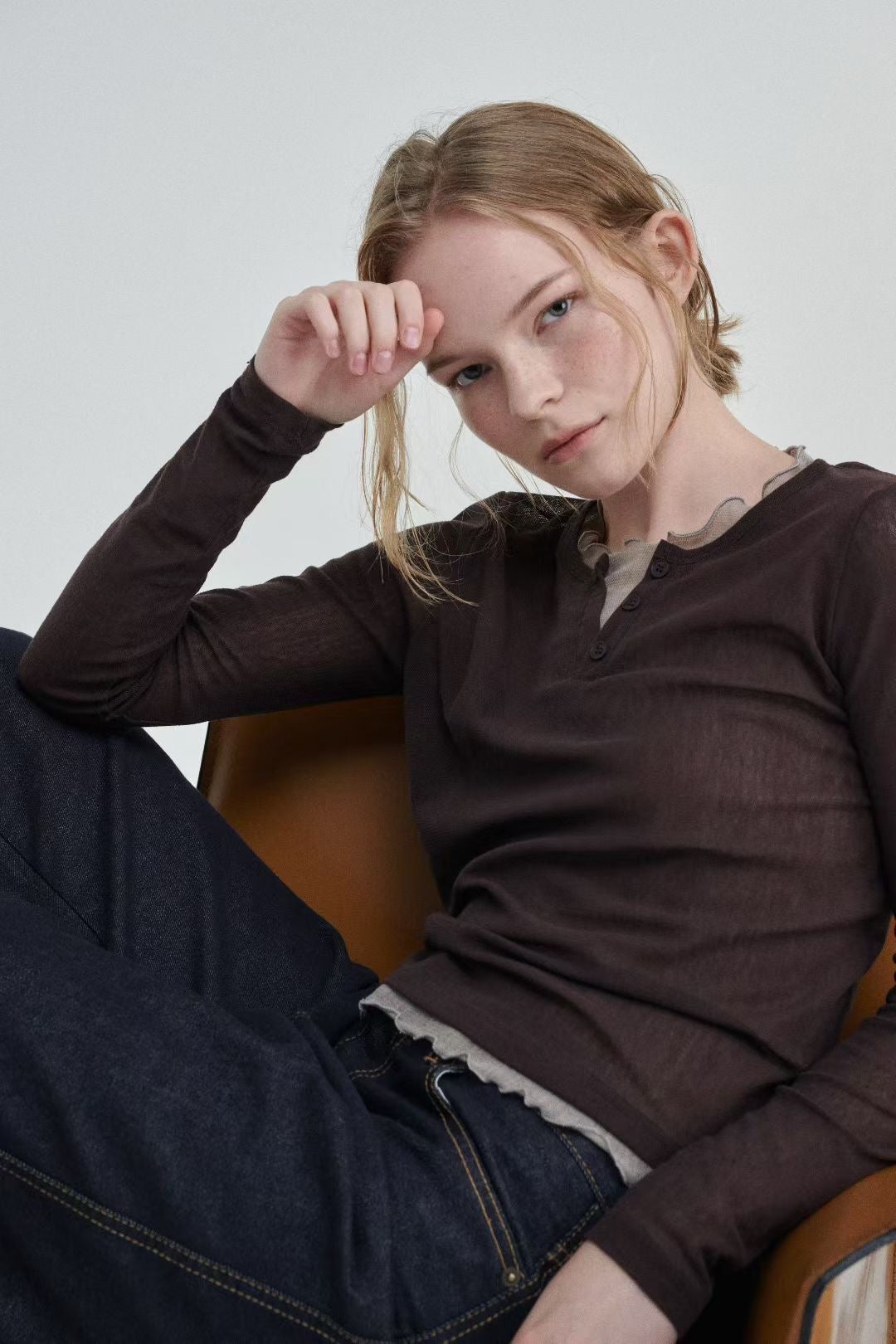 "早鳥優惠" TP665- layer Sheer Top | Brown | Navy