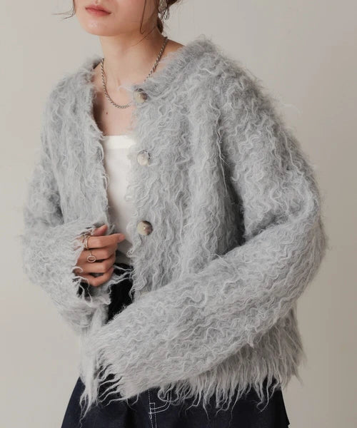 JK30- Wool Blend Shaggy Knit Cardigan | Mix Pink | Grey
