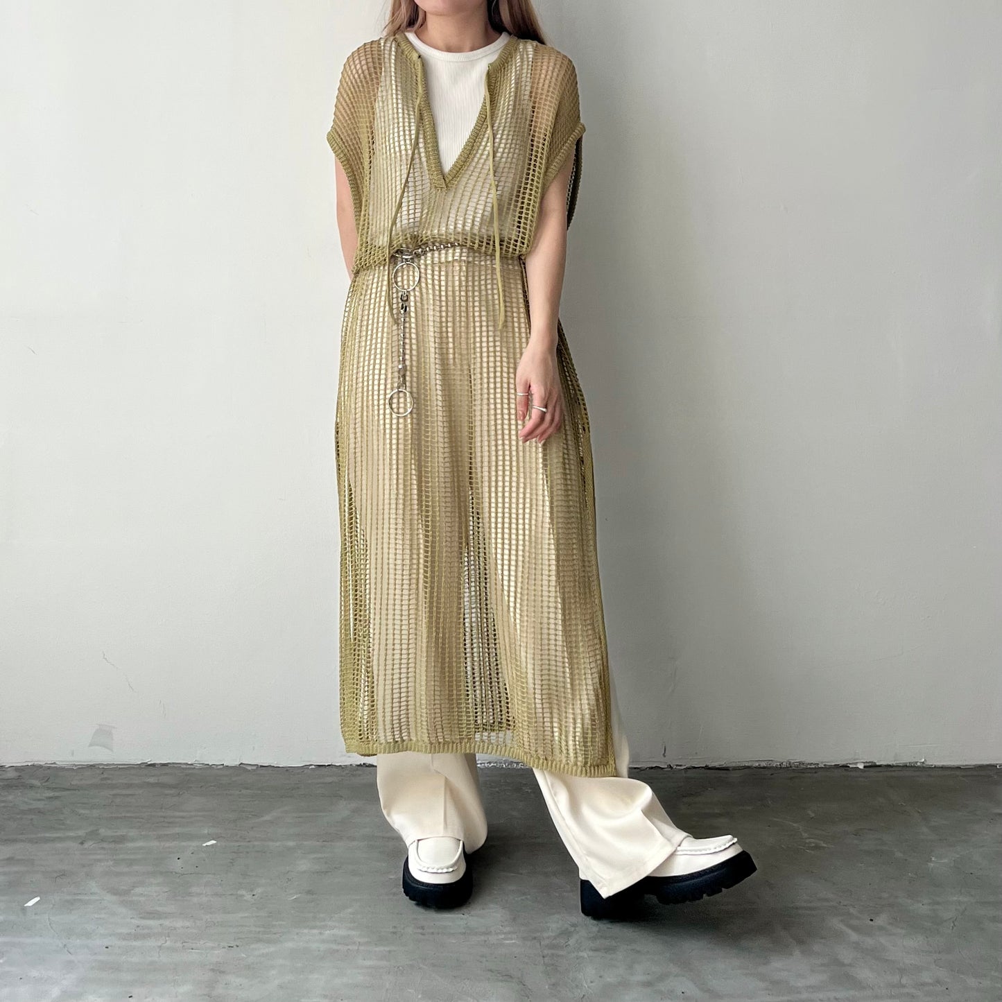 OP40- Long Knit One Piece | Ivory | Green