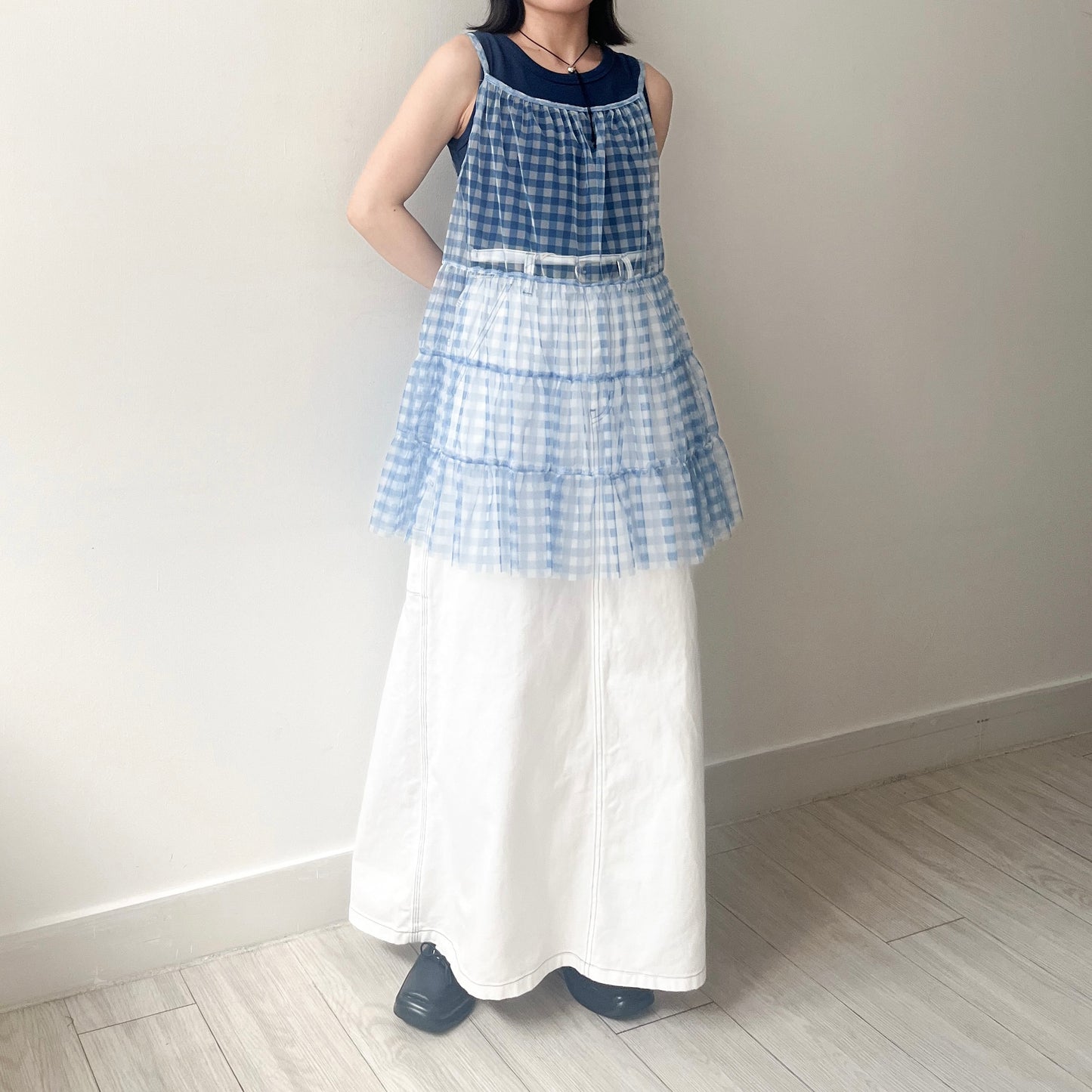 TP496- See-through Checked Top | Blue| Grey