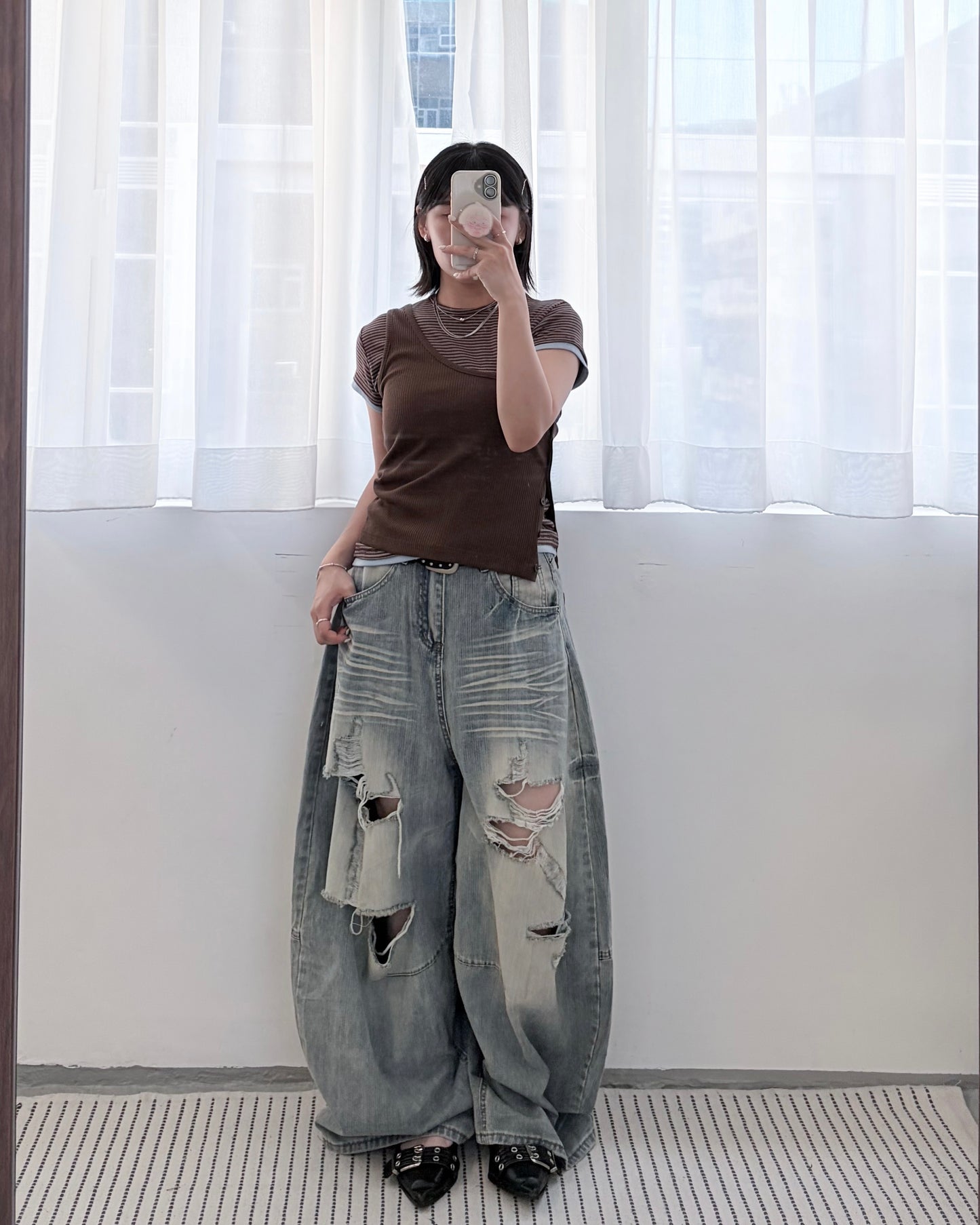 TP824- Slanted-arm Single Shoulder Button Vest | White | Brown | Black