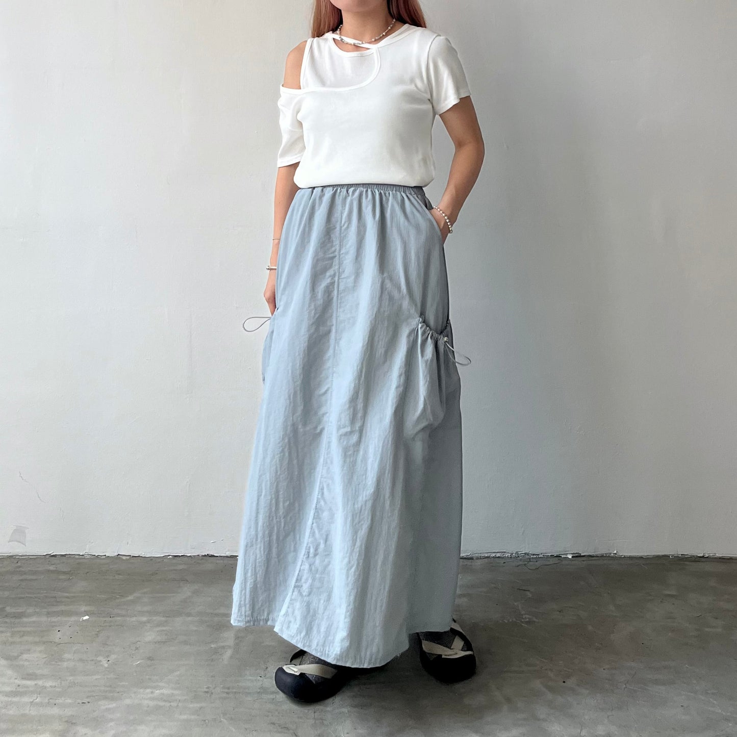 SK32- Two Drawstring Pocket Skirt | White | Blue | Black