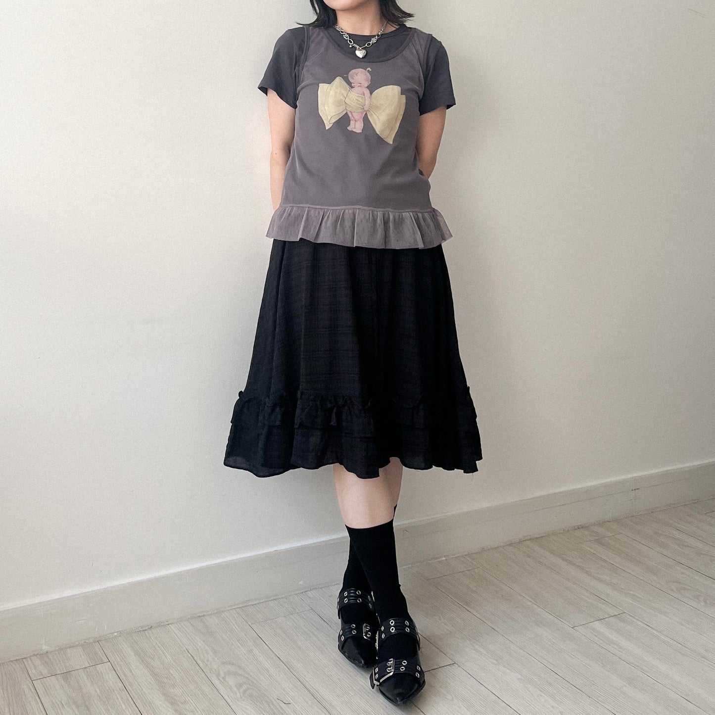TP639- Baby Ribbon Top | White | Charcoal