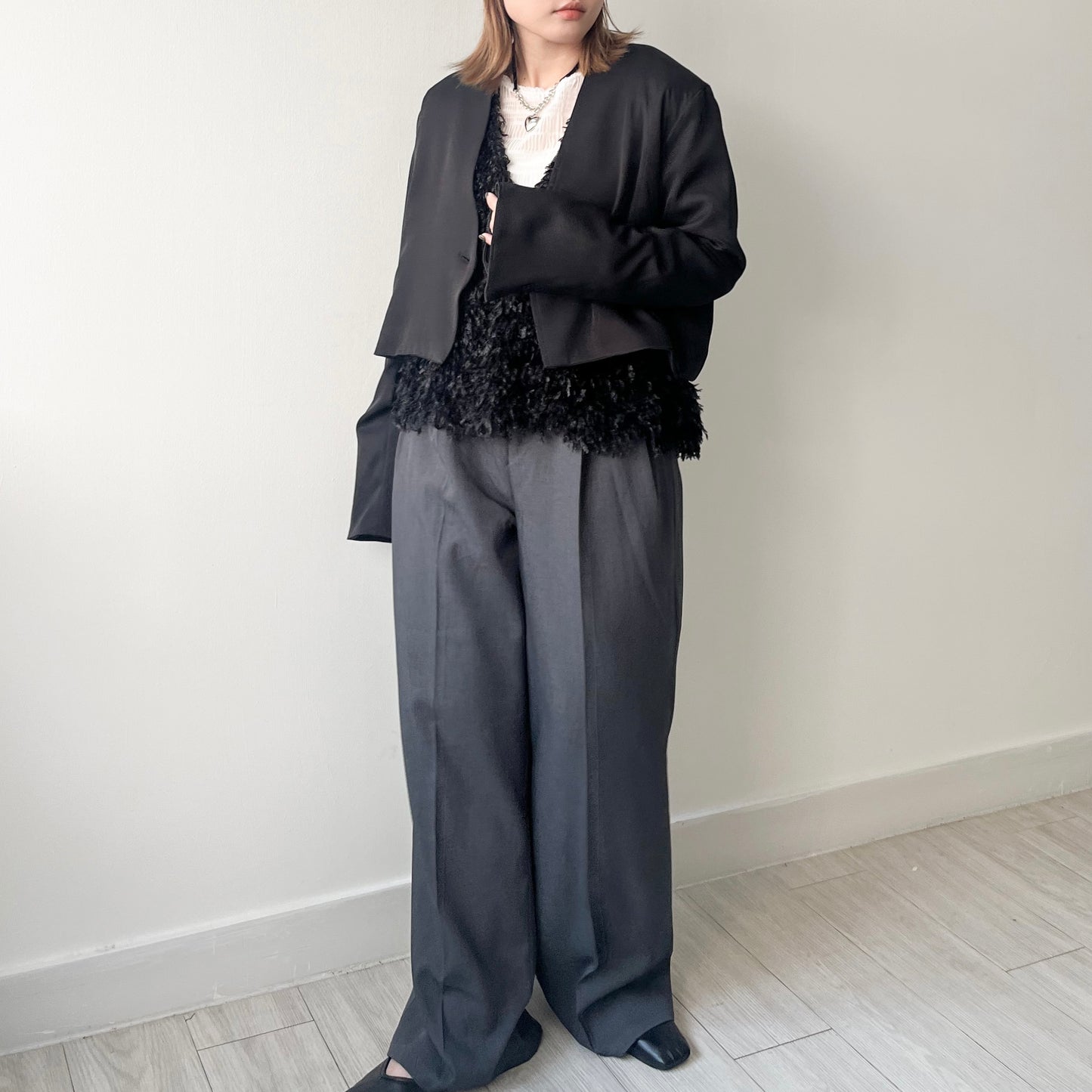 JK20- Collarless Short Jacket | Grey | Black