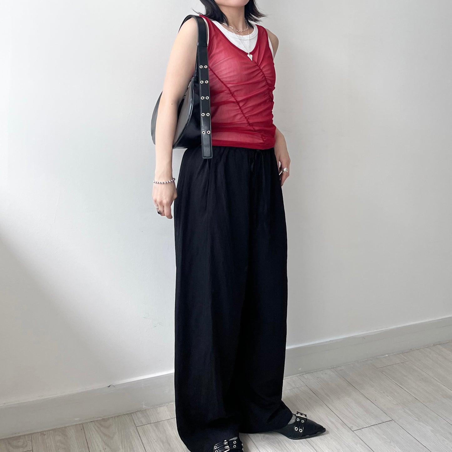 TP645- 斜Cut See-thought Vest Top | White | Red | Grey