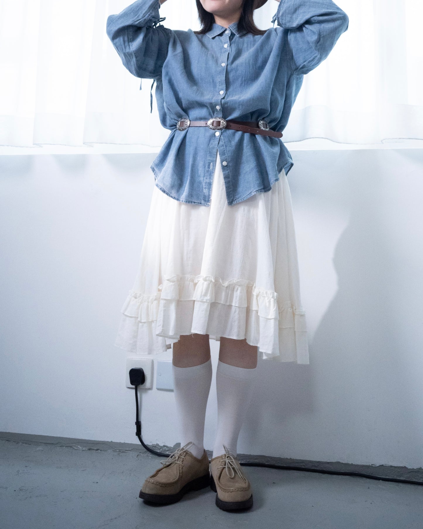 TP667- Soft Denim Drawsting Shirt | Light Blue | Blue | Black
