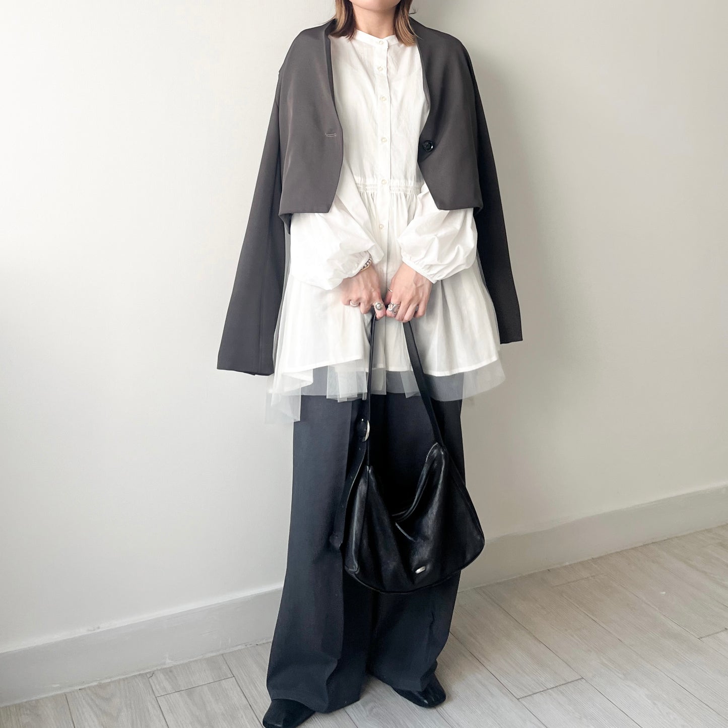 JK20- Collarless Short Jacket | Grey | Black