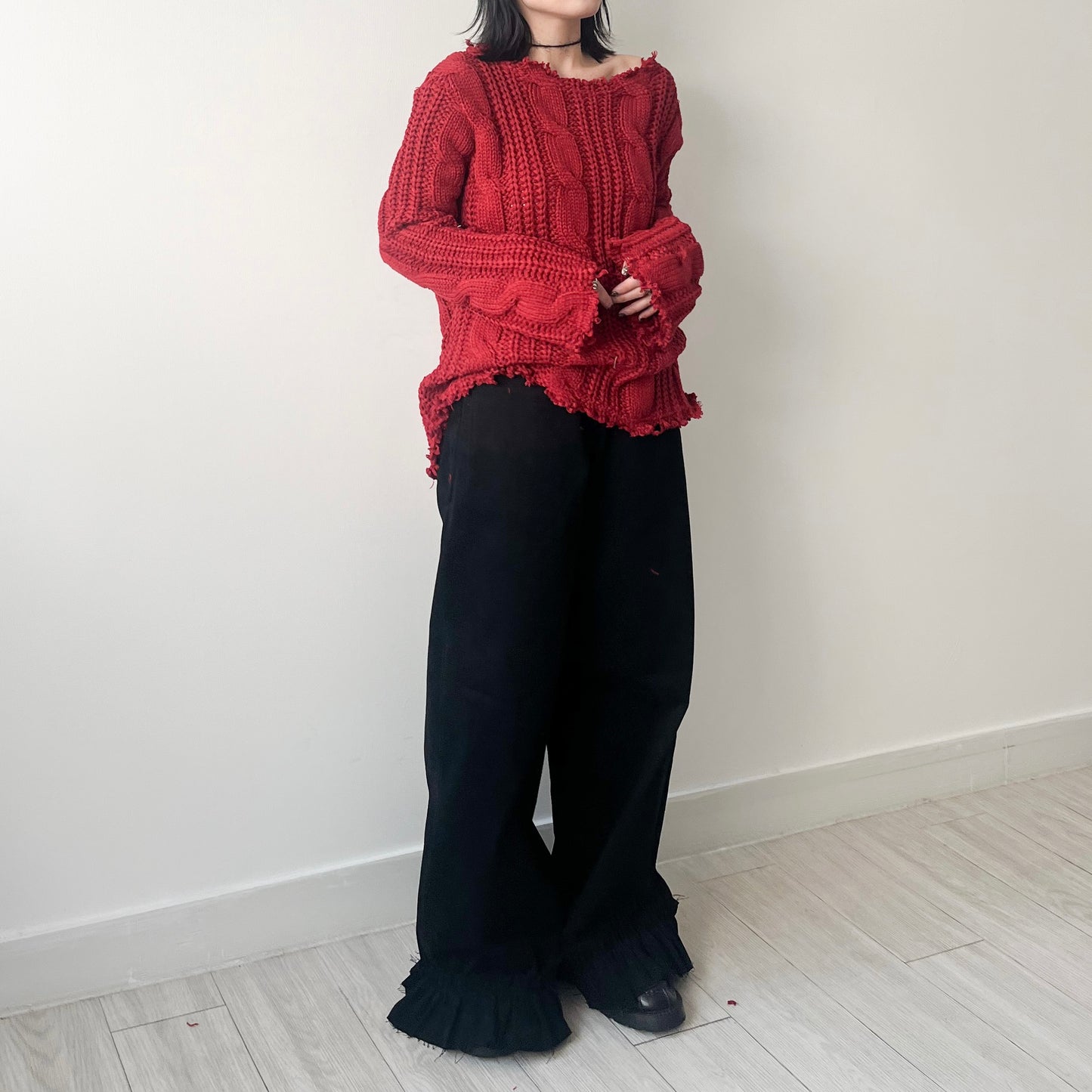 TP443- 破邊粗冷衫 | Ivory | Red | Grey | Black