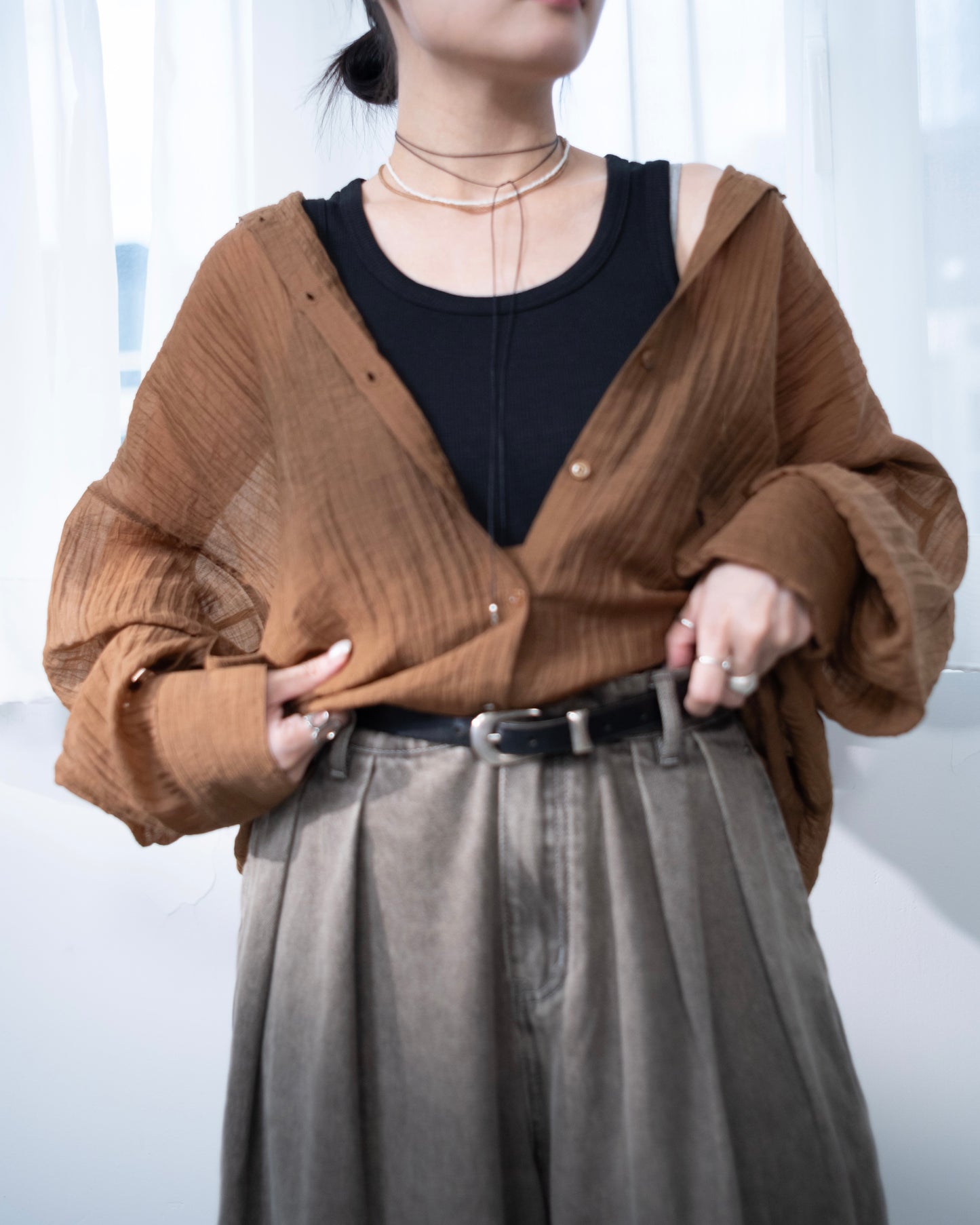 TP666- Crinkle Puff Sleeve Sheer | White | Brown | Black