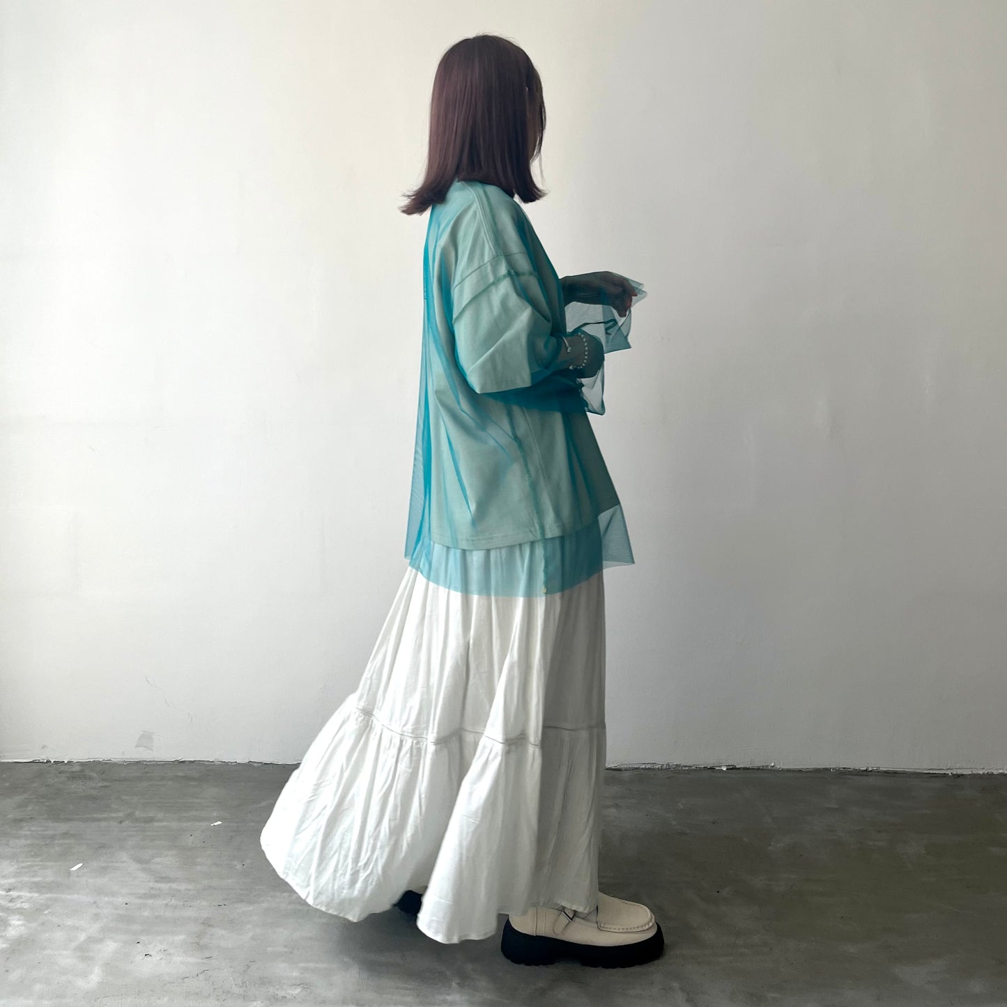 TP172- See through Long Tee | Ivory | Blue Green | Black