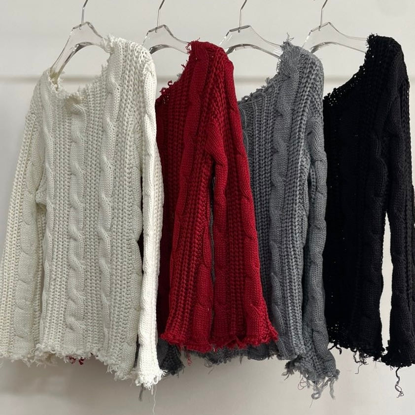 TP443- 破邊粗冷衫 | Ivory | Red | Grey | Black