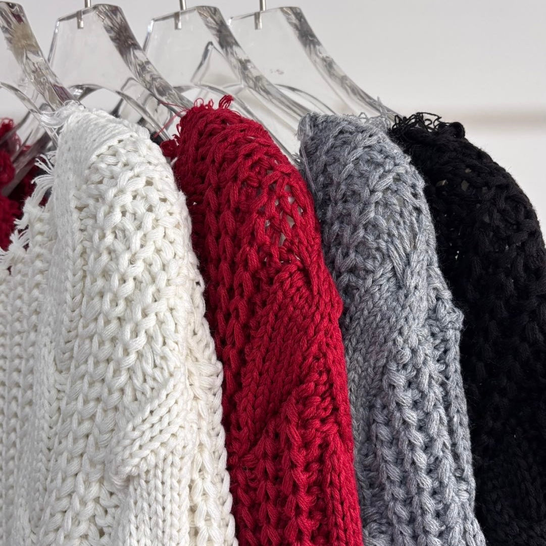 TP443- 破邊粗冷衫 | Ivory | Red | Grey | Black