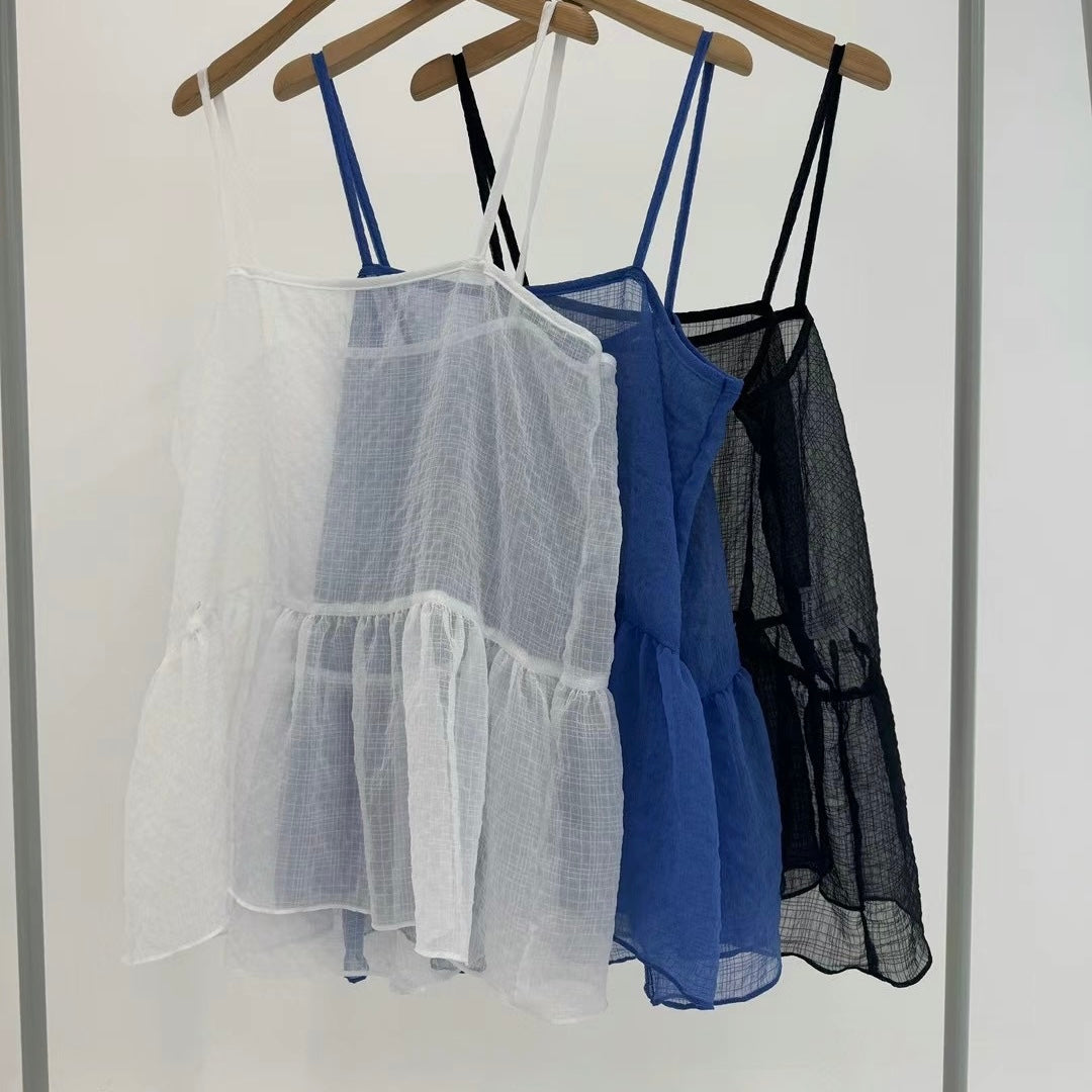 TP641- See-though Checked Vest | White | Blue | Black