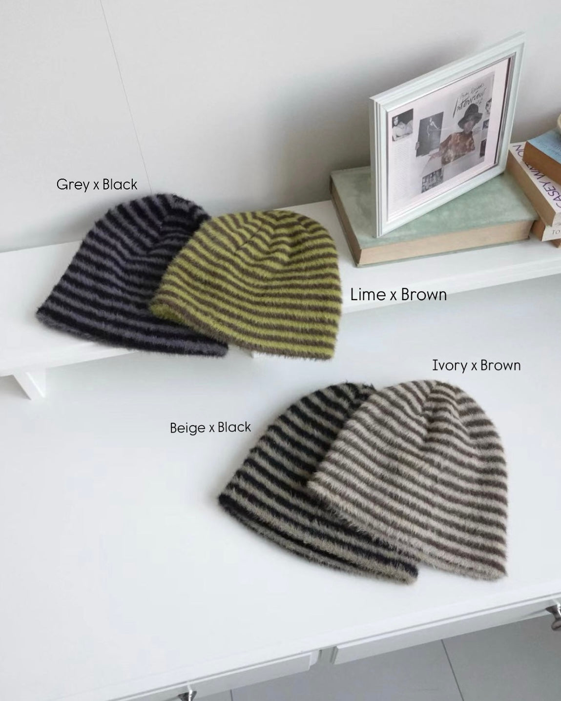 H43- Stripe Color Beanie | Lime x Brown | Ivory x Brown | Grey x Black | Beige x Black
