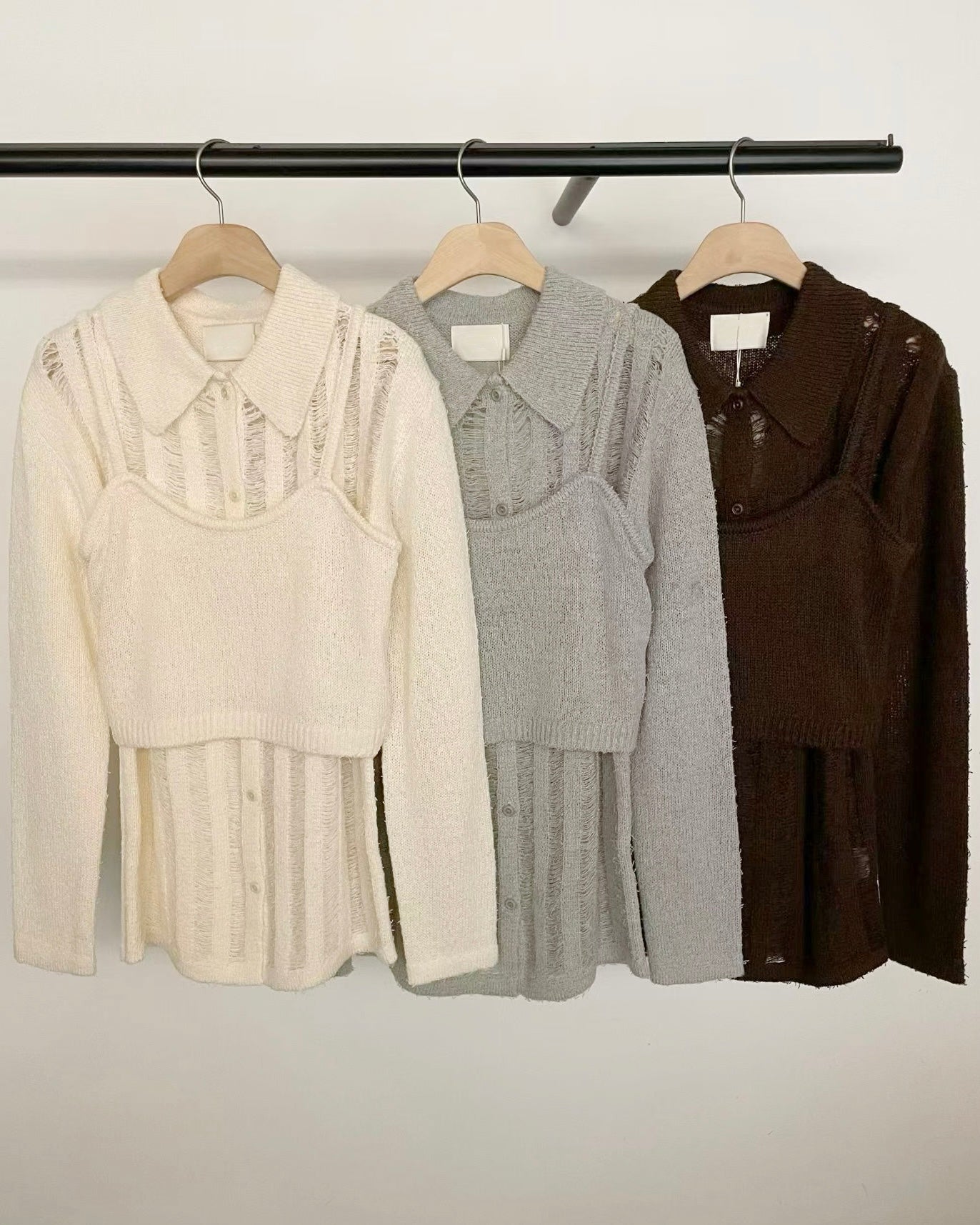 TP713-高質破爛Knit Set Top | Ivory | Grey | Brown ( 2件裝 )