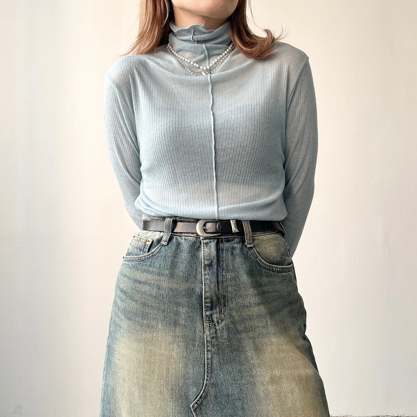 TP222- High-neck Ruffle Top | White | Blue | Brown