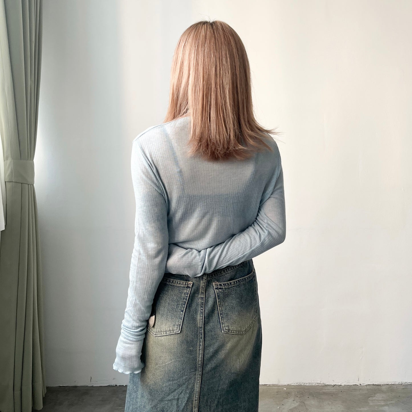 TP222- High-neck Ruffle Top | White | Blue | Brown