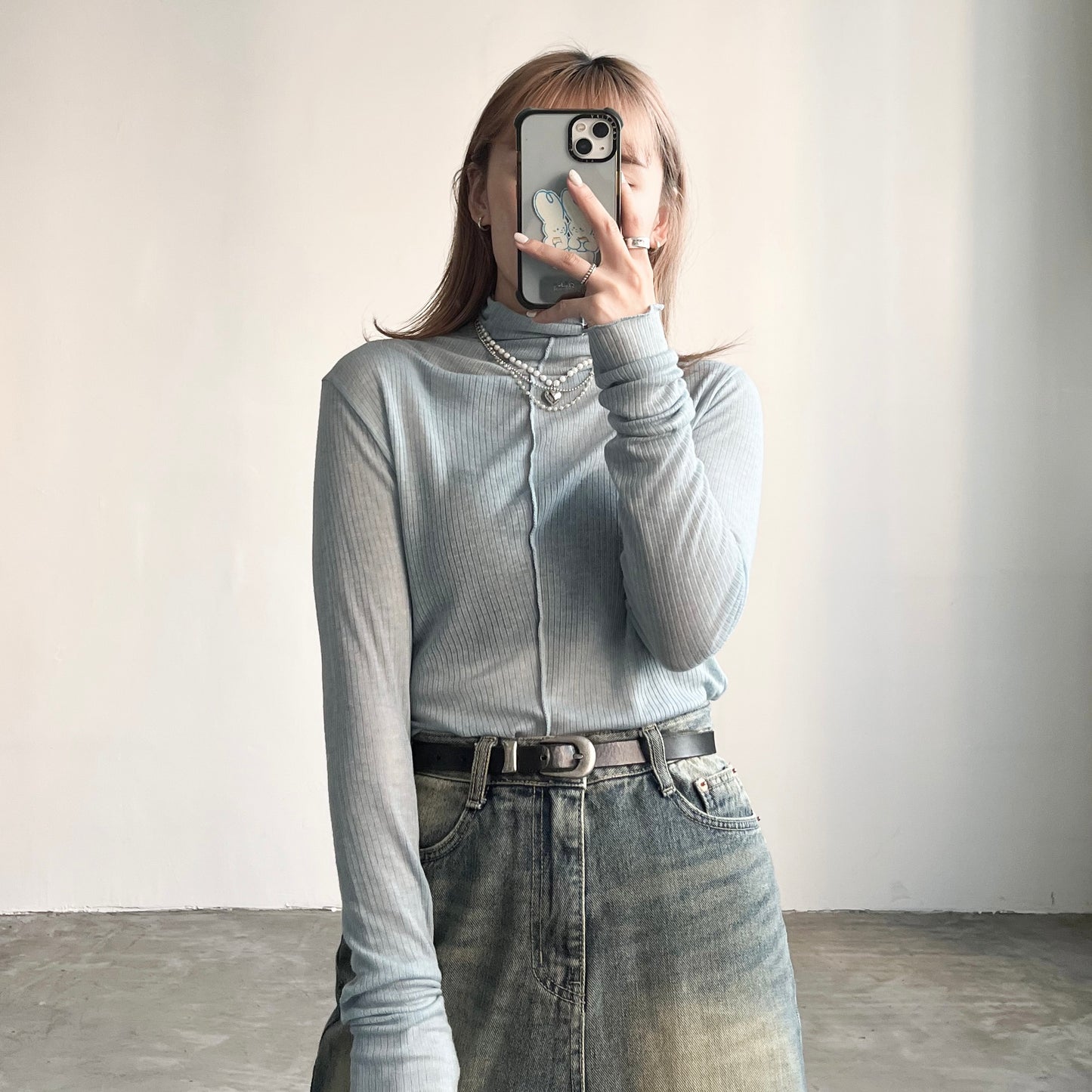 TP222- High-neck Ruffle Top | White | Blue | Brown