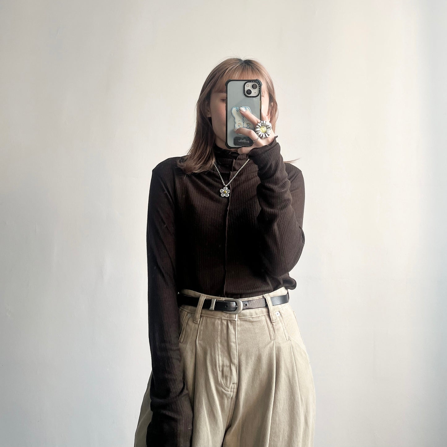 TP222- High-neck Ruffle Top | White | Blue | Brown