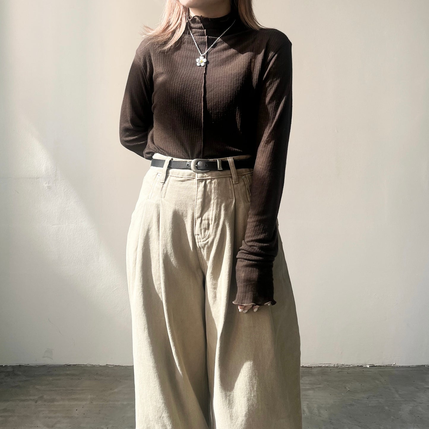 TP222- High-neck Ruffle Top | White | Blue | Brown