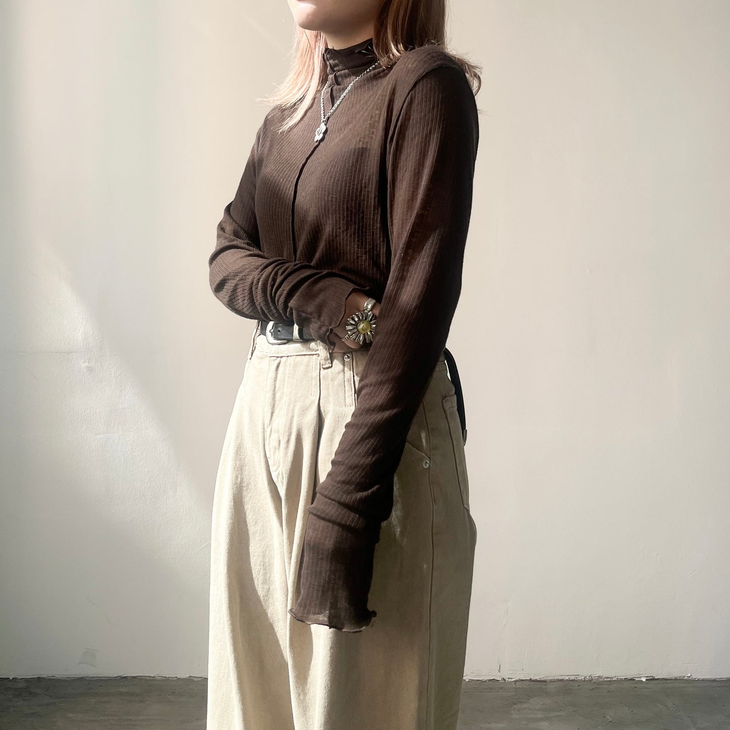 TP222- High-neck Ruffle Top | White | Blue | Brown