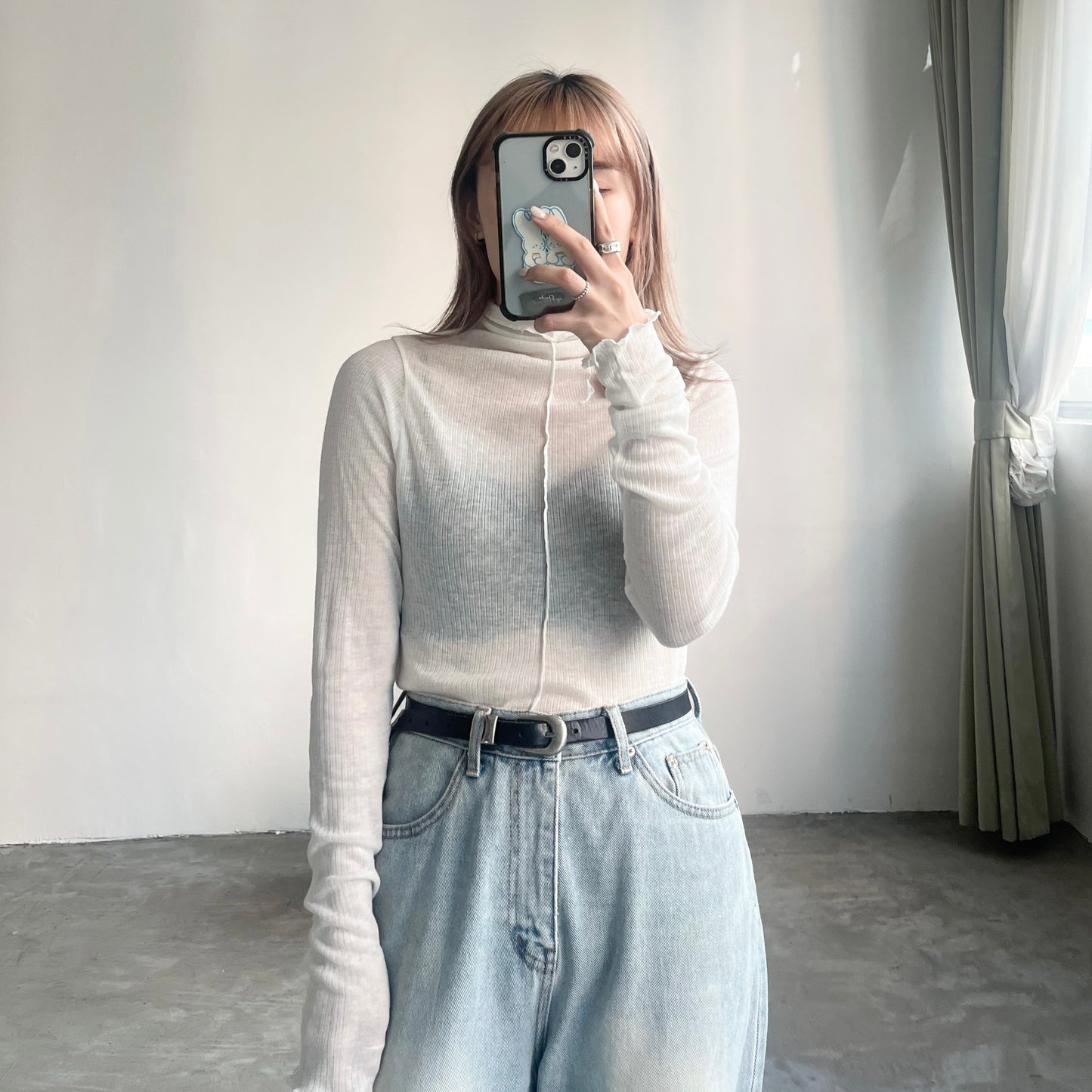 TP222- High-neck Ruffle Top | White | Blue | Brown