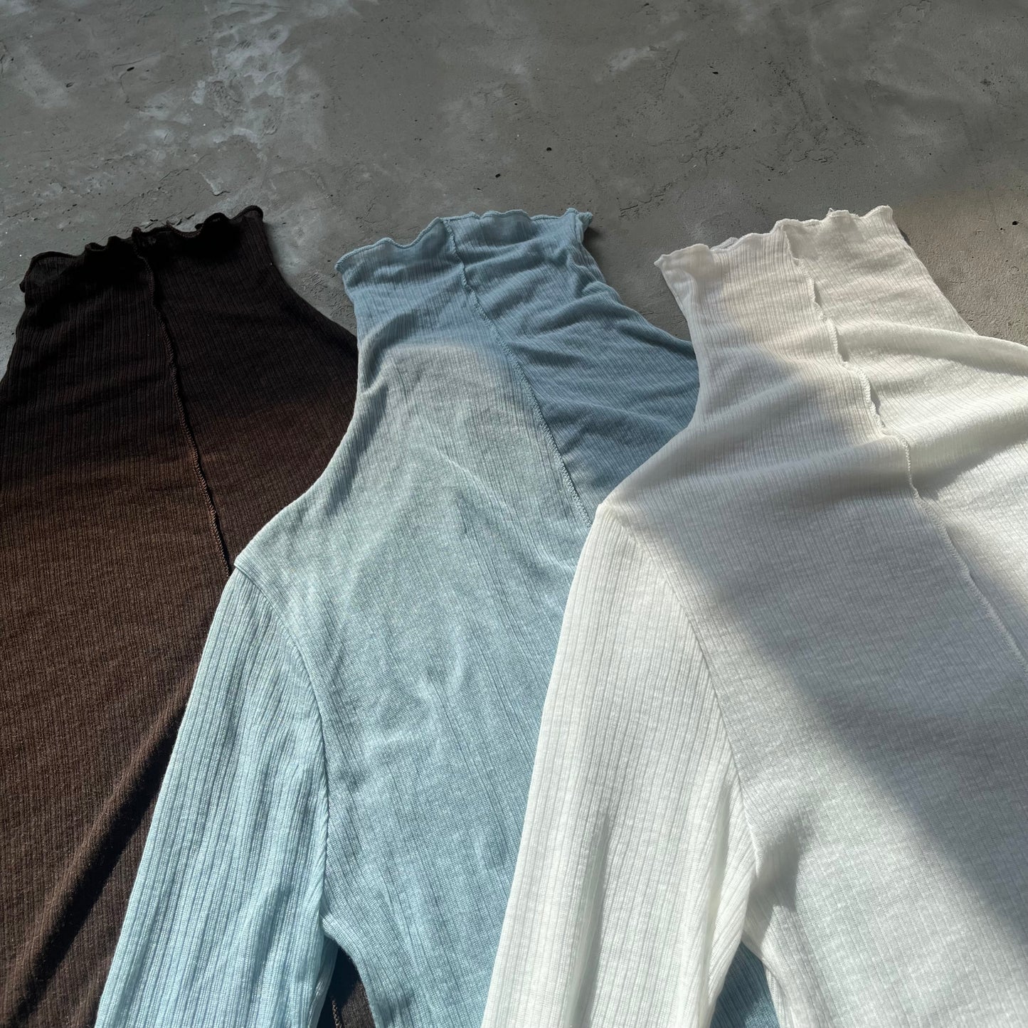 TP222- High-neck Ruffle Top | White | Blue | Brown