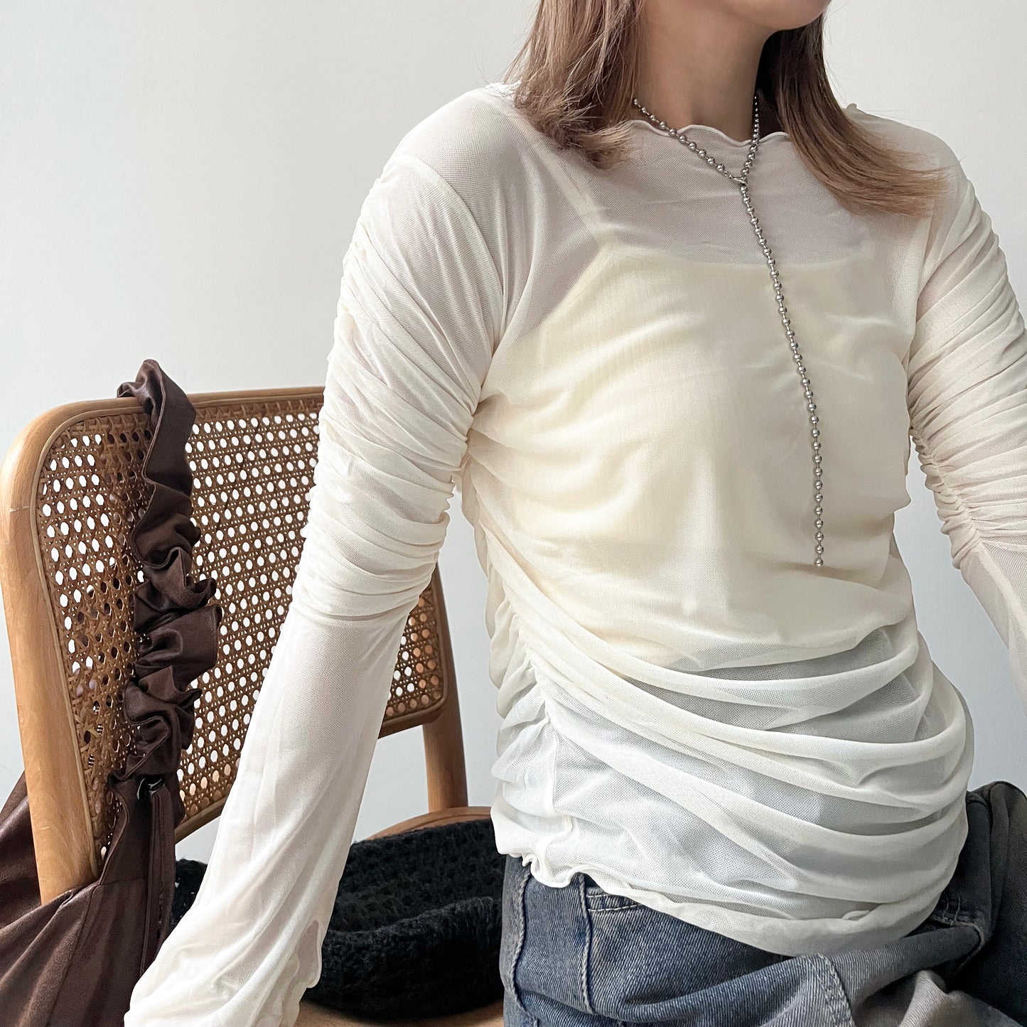 TP225- See-through Sleeve Top | Ivory | Brown | Black
