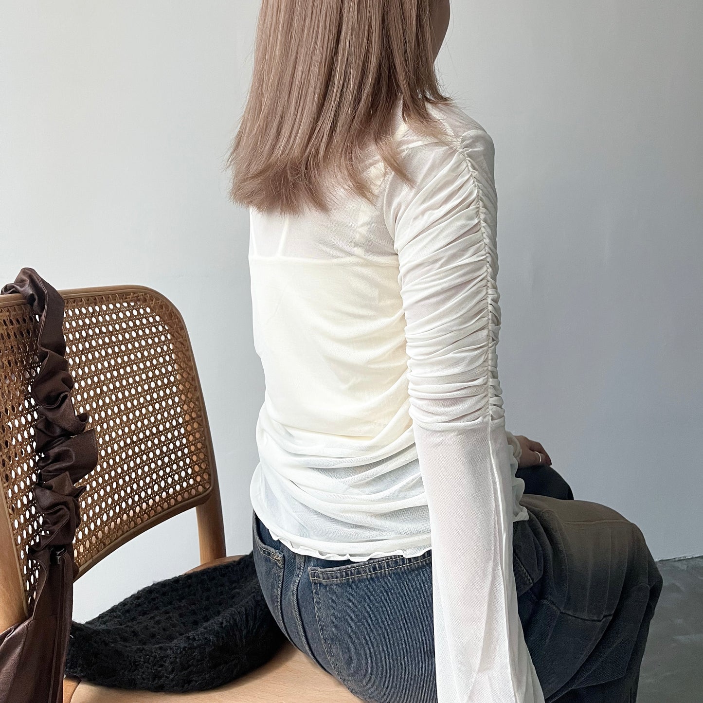 TP225- See-through Sleeve Top | Ivory | Brown | Black