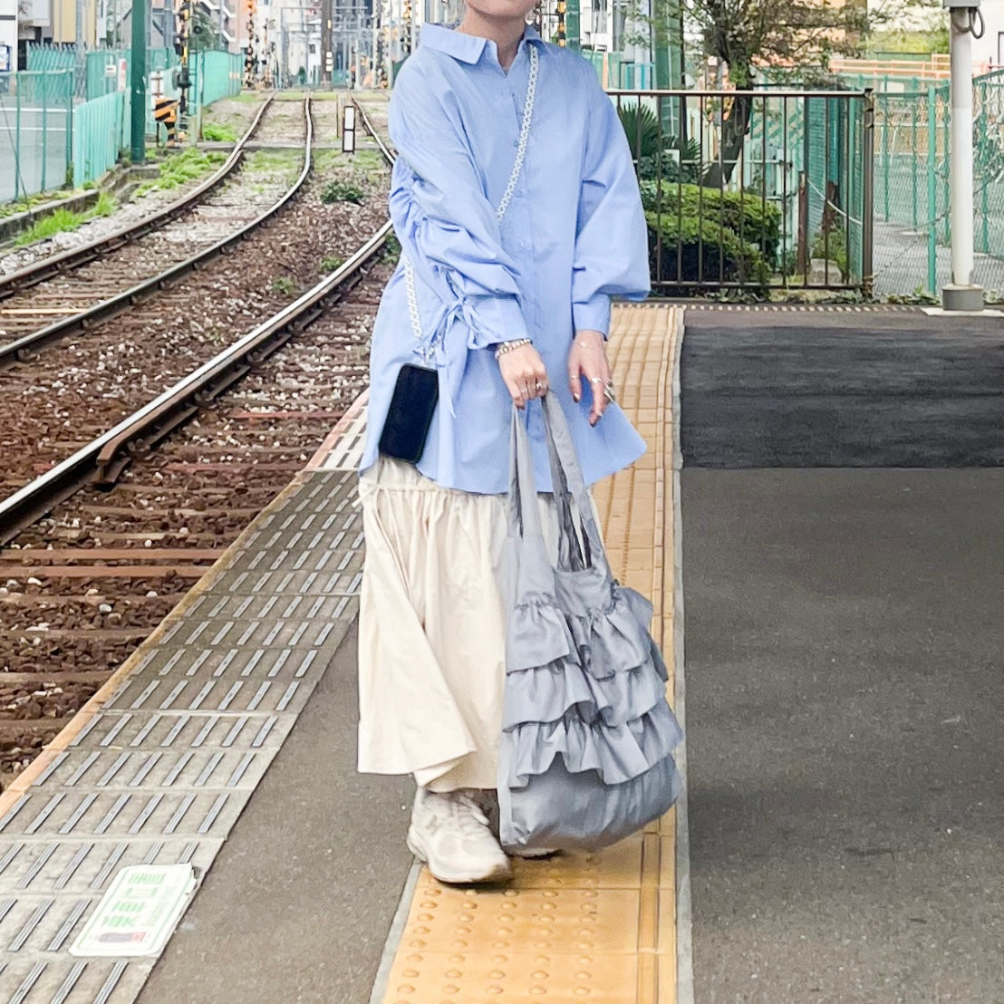 TP229- Drawstring Button Shirt | White | Blue | Black