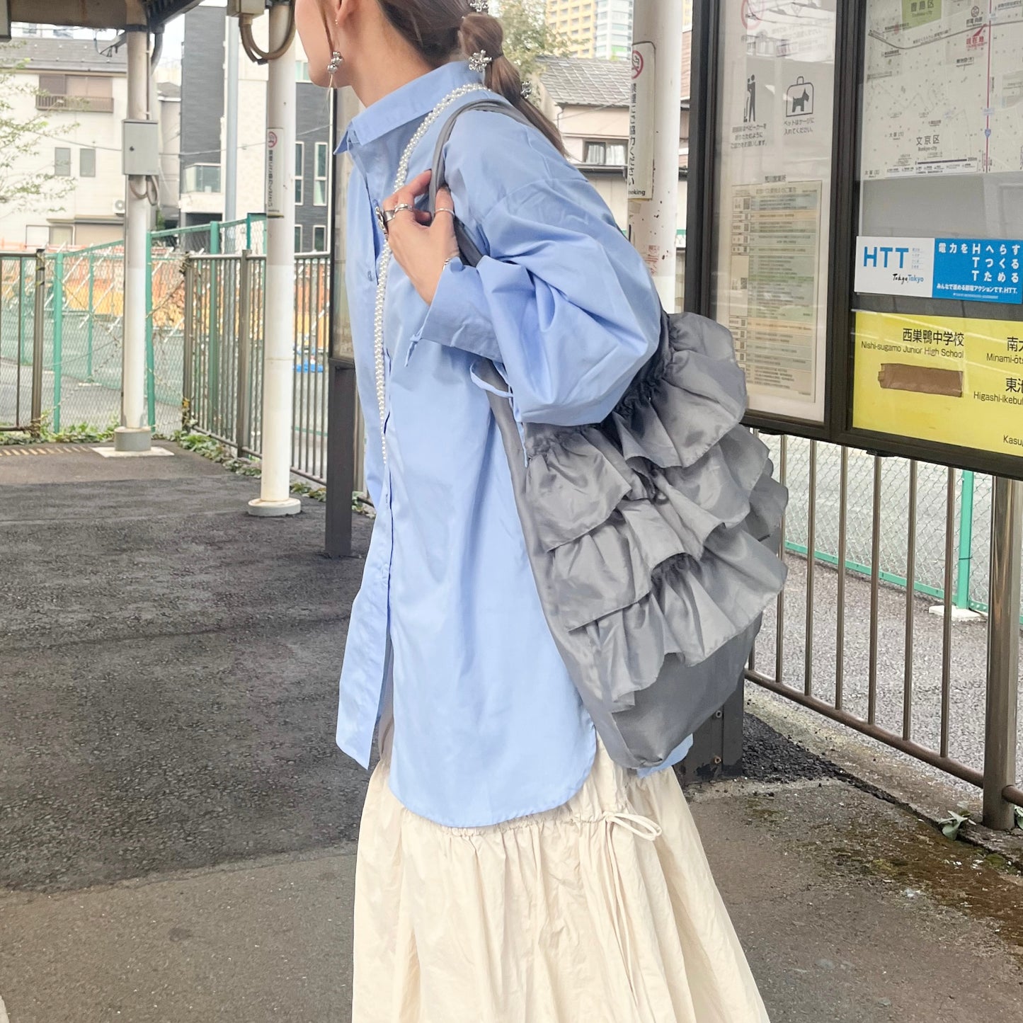 TP229- Drawstring Button Shirt | White | Blue | Black