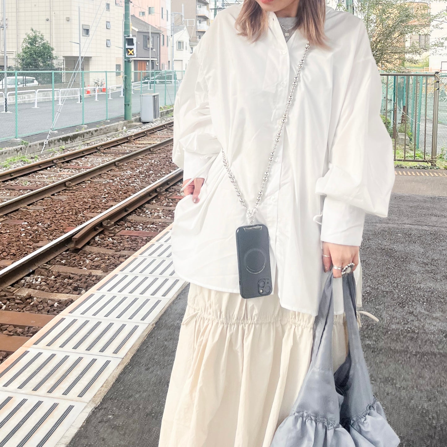 TP229- Drawstring Button Shirt | White | Blue | Black