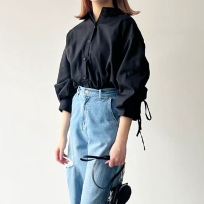 TP229- Drawstring Button Shirt | White | Blue | Black