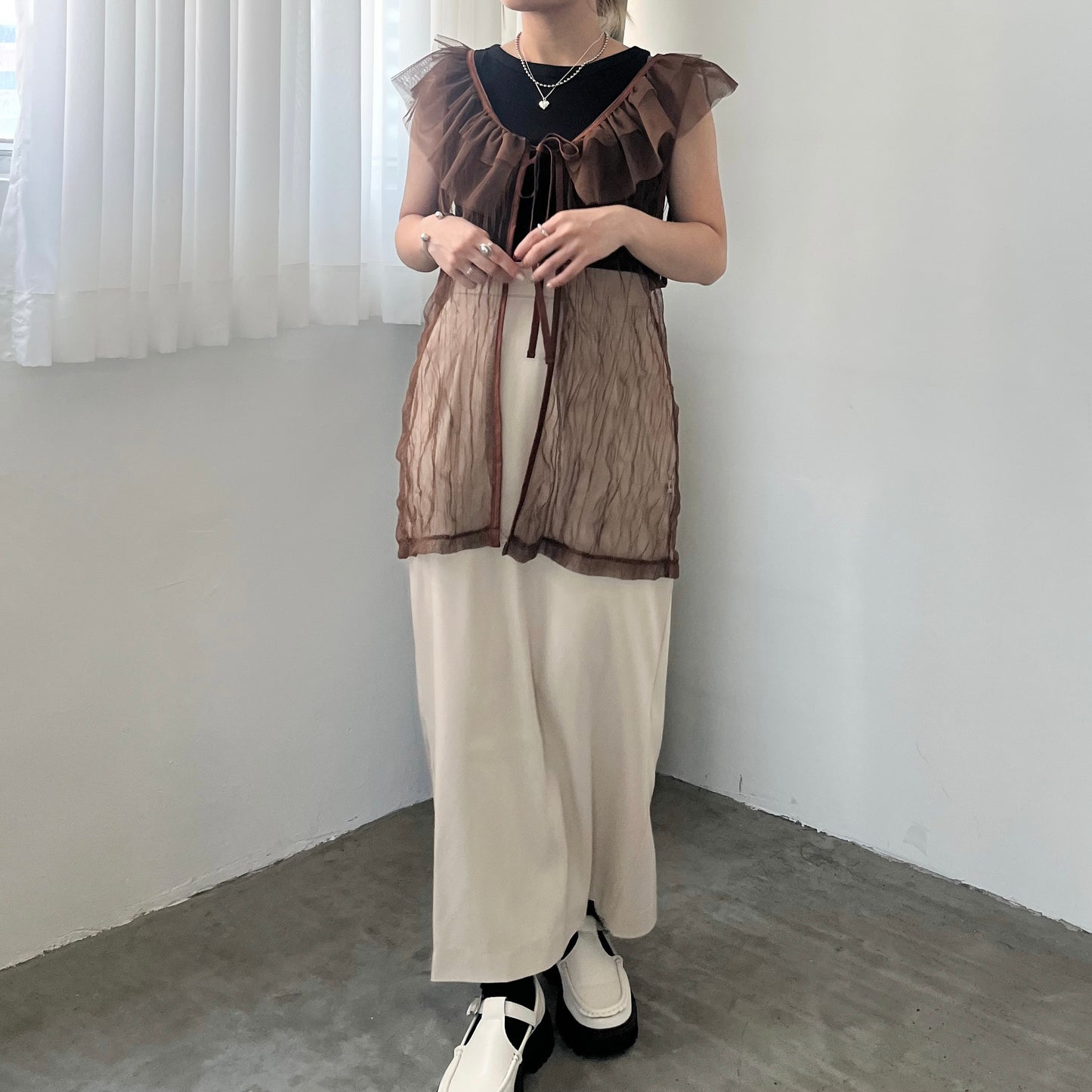 TP204- Big Ruffle Mesh Cardigan | Brown | Black