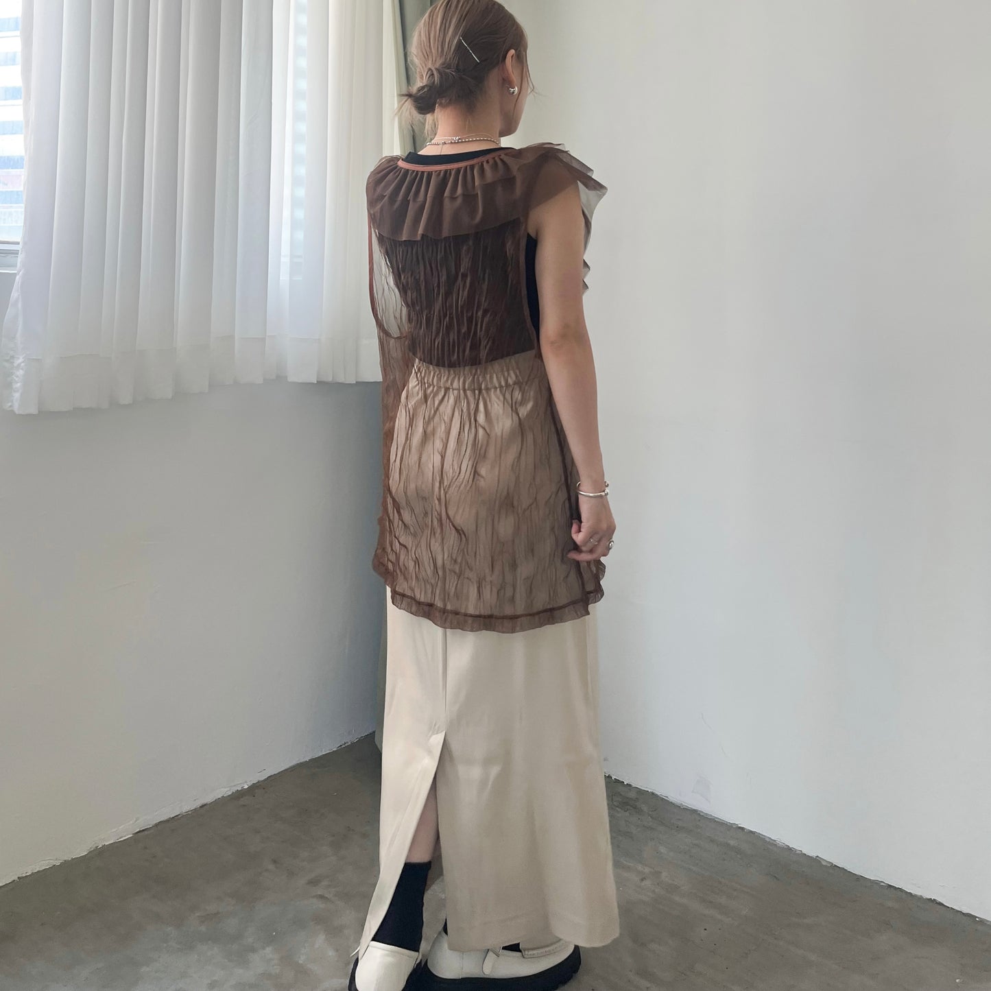 TP204- Big Ruffle Mesh Cardigan | Brown | Black