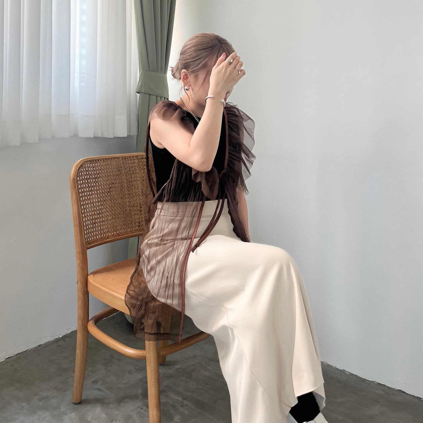 TP204- Big Ruffle Mesh Cardigan | Brown | Black