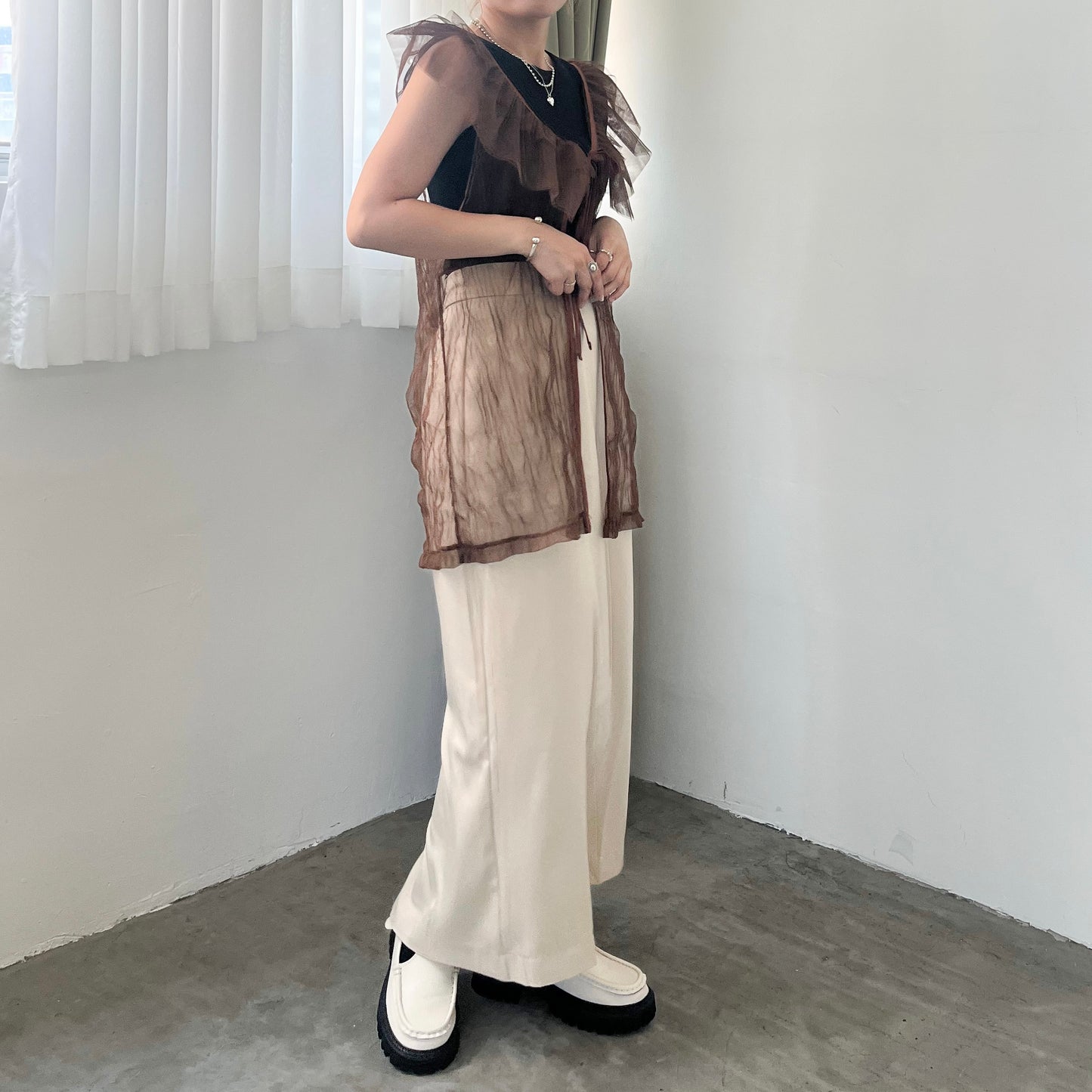 TP204- Big Ruffle Mesh Cardigan | Brown | Black