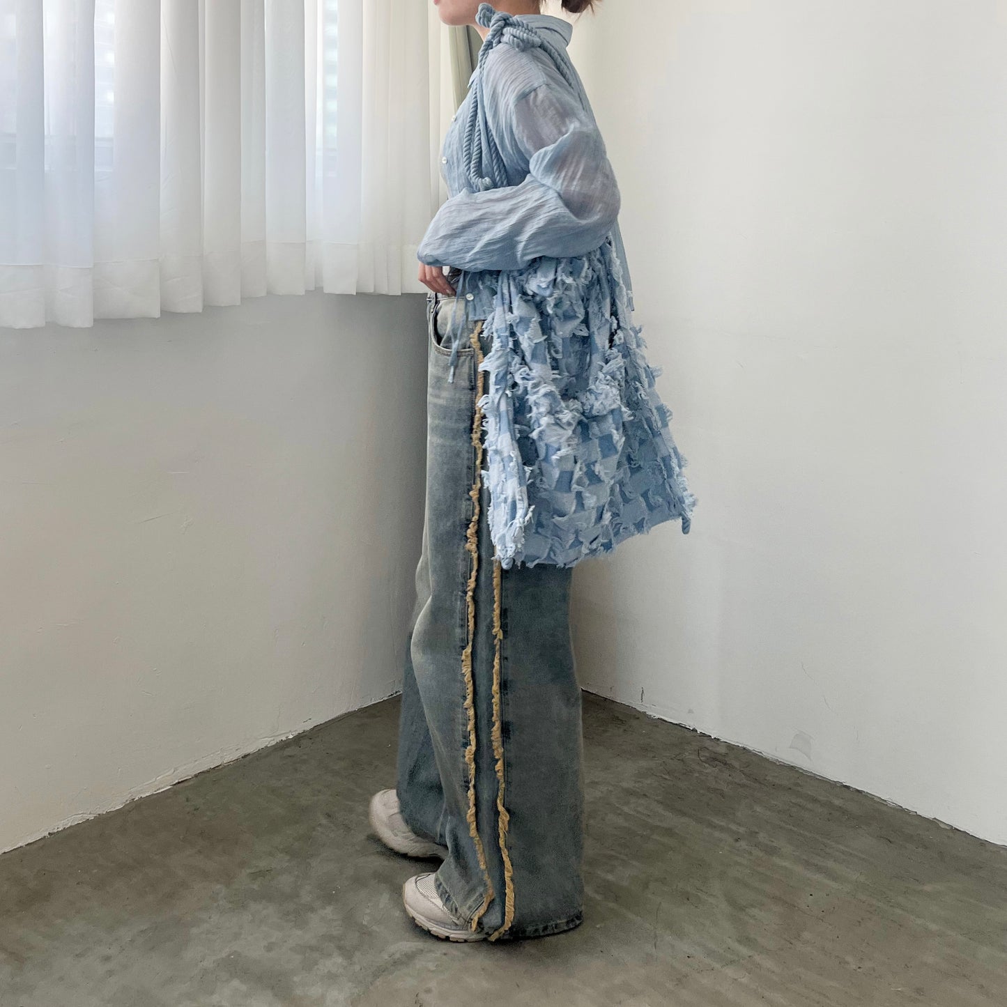 TP201- Drawstring Botton Blouse | Blue | Yellow