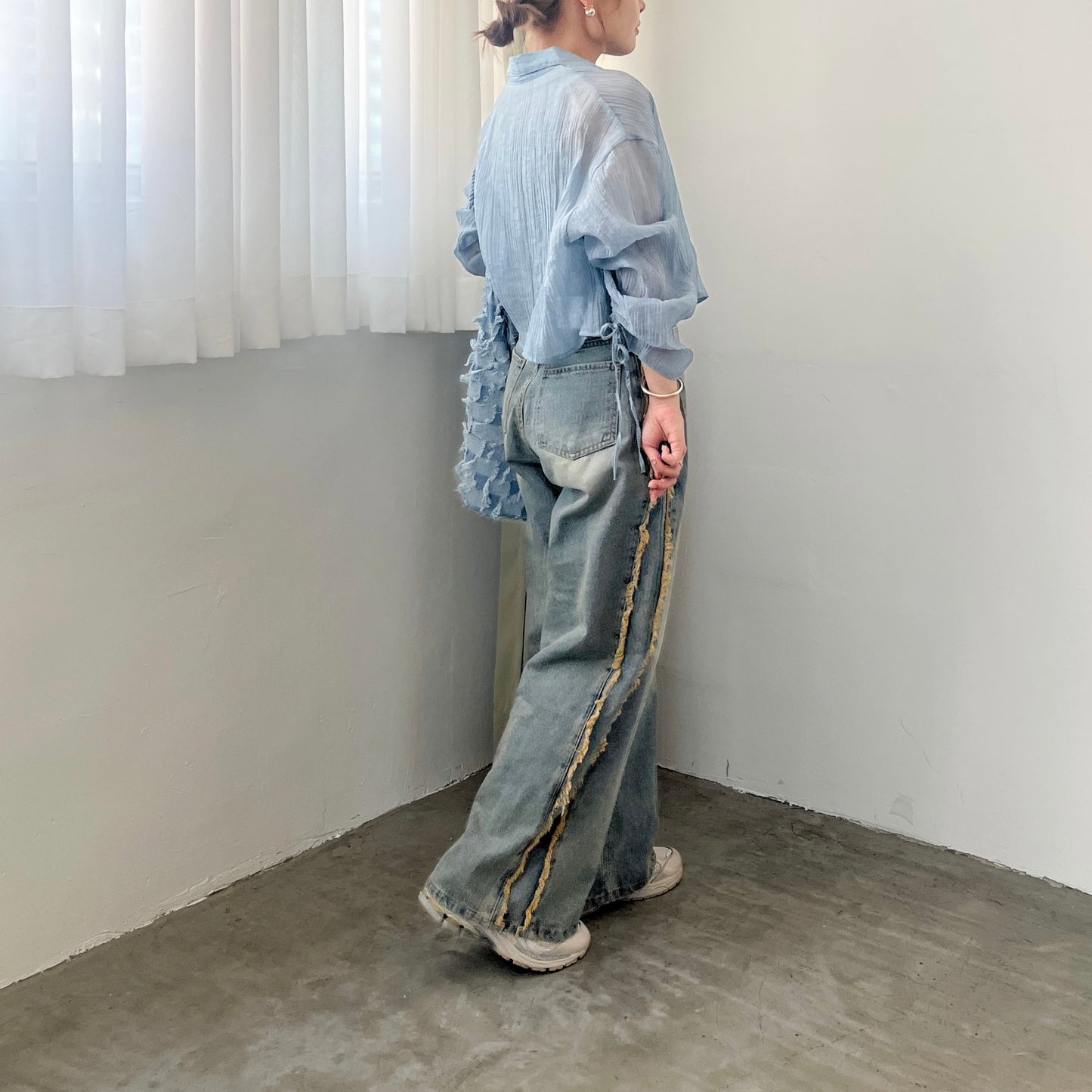 TP201- Drawstring Botton Blouse | Blue | Yellow