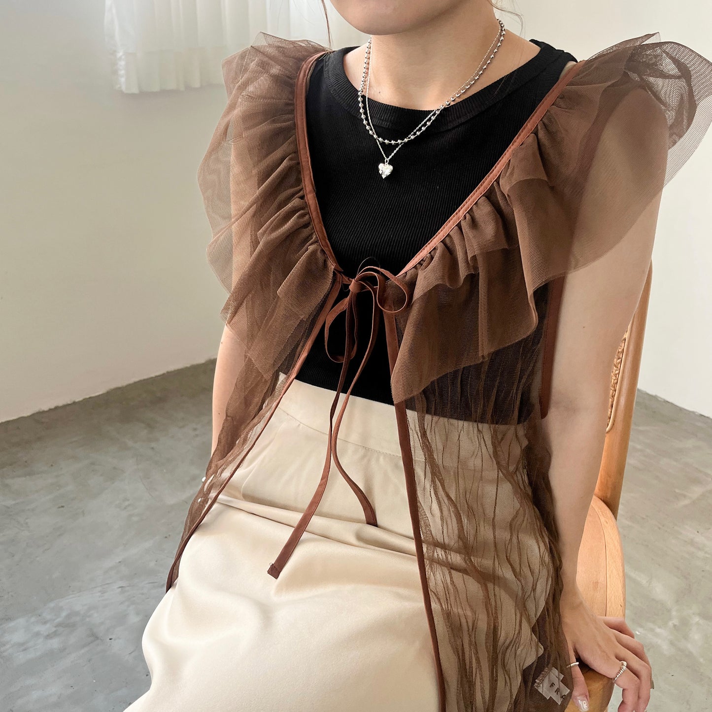 TP204- Big Ruffle Mesh Cardigan | Brown | Black